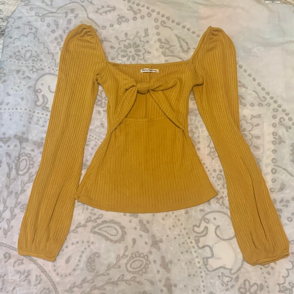 Reformation Rosalind Bow Mustard Yellow Cutout Top Blouse Sz XS